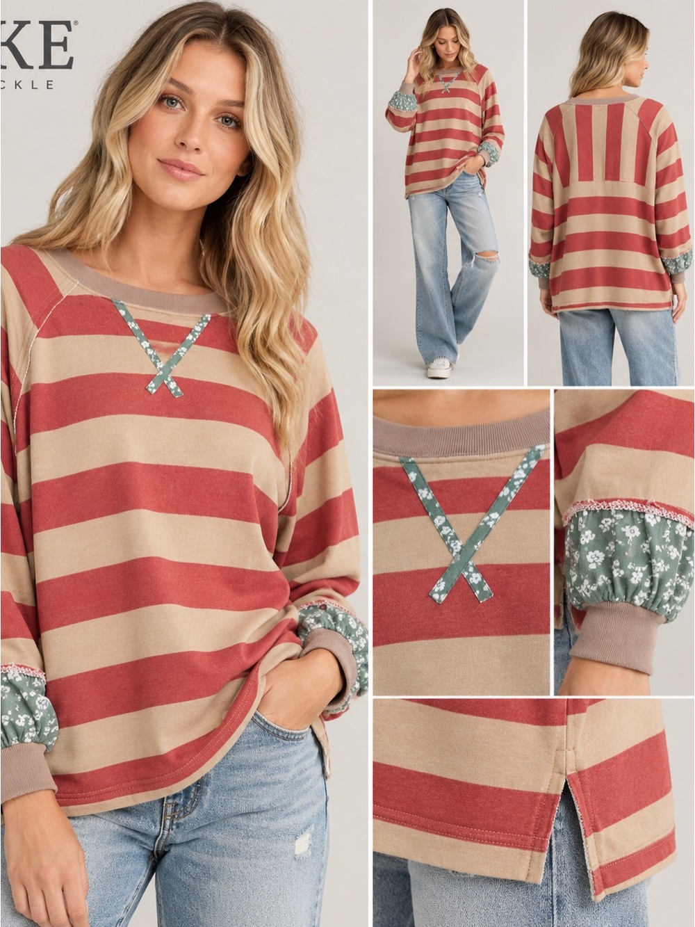 BKE Buckle Oversized Striped Floral Boho Sweatshirt Top L